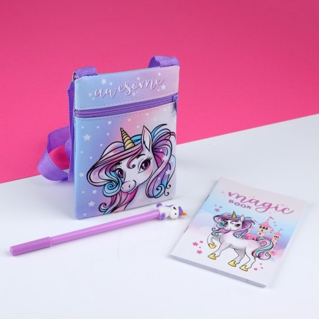 Gift set for the girl "Magic Unicorn", bag, pen, notebook, lilac color-1