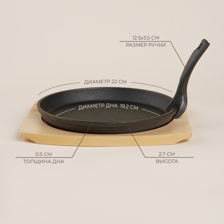 Cast iron pan on a wooden stand Sl Home, D = 22.5 cm, h = 2.5 cm, black color is black-1