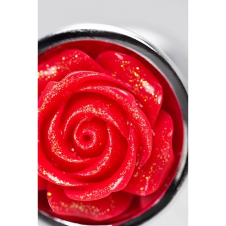 Anal plug Metal by Toyfa, metal, silver with red rose, d = 27 mm 8 cm, 48 g 104480-7