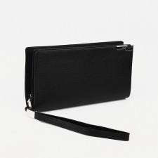 Male purse with zipper, department for bills, for maps, for coins, black color