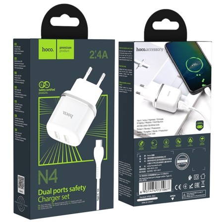 Nice charger Hoco N4, 2 USB - 2.4 A, Type -C 1 m cable, white-5