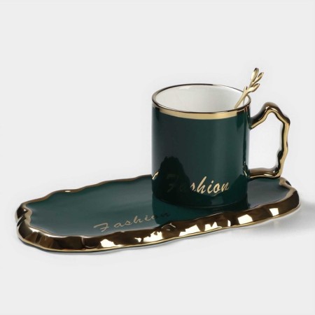 Tea couple ceramic "luxury", 3 items: mug 250 ml, saucer 23.5 × 13 cm, spoon, green color-1