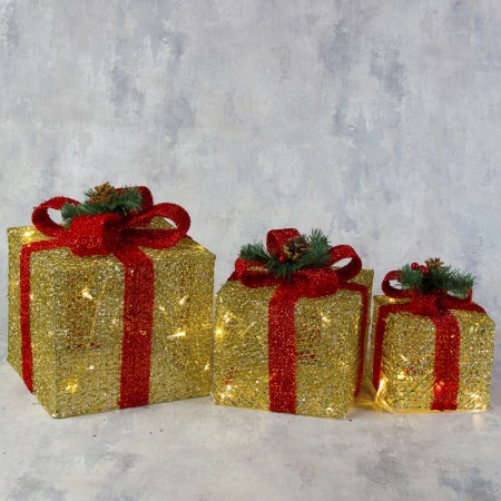 LED figure "Gifts with a red ribbon" 15, 20, 25 cm, textiles, metal, 220 V, glow warm white