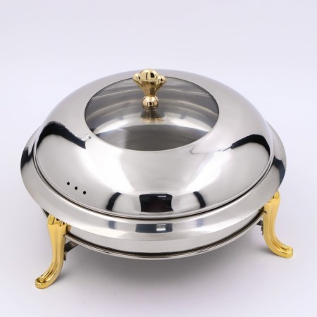 Stainless steel marmitis is round on a heating stand, 26 × 22 cm, glass cover