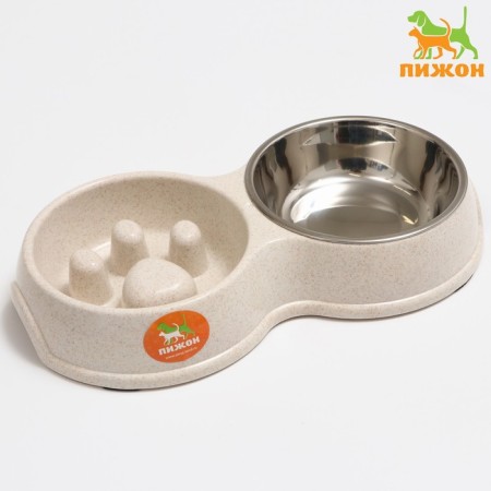 Double bowl for slow feeding 30.5 x 17 x 5 cm, beige