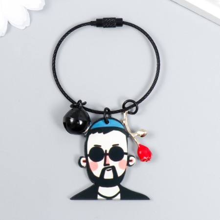 Acryl keychain on a cable with a bell "Bearded guy with glasses and rose"-1