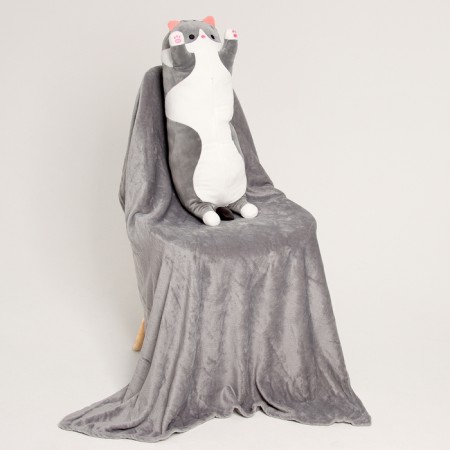 Soft toy "cat" with a blanket, 65 cm, gray color-4