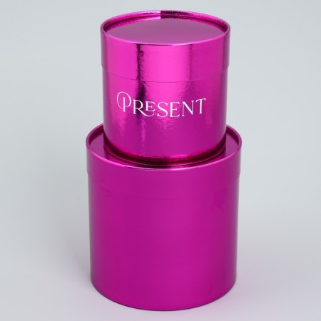 A set of boxes 2 in 1 round, gift packaging, “Present”, pink metallic, 12 x 12, 15 x 15 cm-4