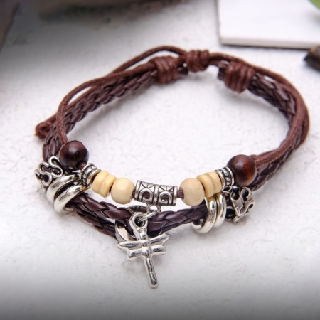 Bracelet Leather "Binding" with suspension, dragonfly, brown color, D = 8 cm-3
