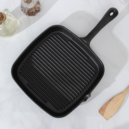 Pan grill Cast iron shade "Square", 23 × 23 cm, with a drain and a pen, black color-1