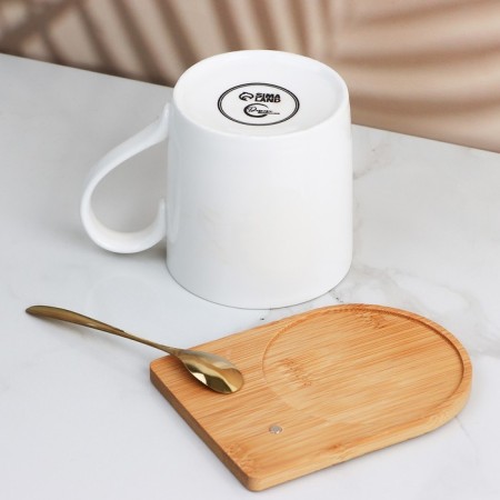 Ceramic mug on a wooden stand “Tenderness”, 330 ml, with a spoon, white color-3