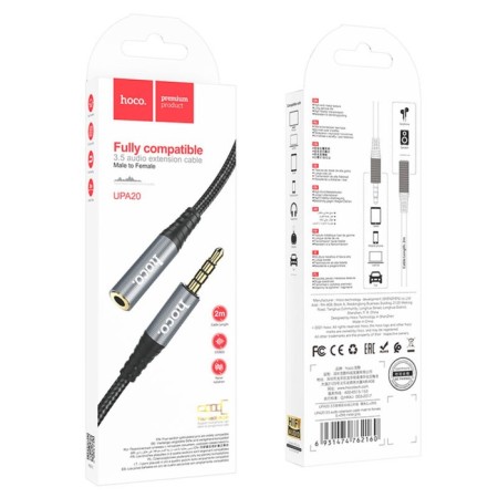 Hoco UPA20, Jack 3.5 mm (M) cable - jack 3.5 mm (F), 2 m, nylon, gray-8