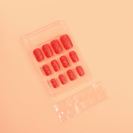 Lighting nails "Shine", 12 pcs, with sparkles, with adhesive plates, shape soft square, red-3