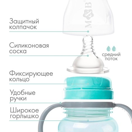 A bottle for feeding, a wide throat, 270 ml, with handles, turquoise/gray-1