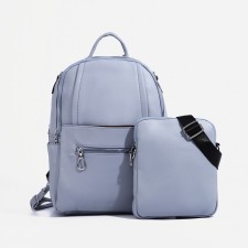 Women's backpack made of artificial leather with a zipper, 4 pockets, bag, gray-blue color