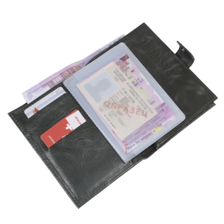 Cover for passport and auto documents, with cards and bills, with a button, genuine leather, green color-1