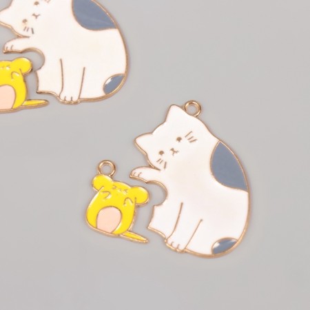 Decor for creativity metal, enamel "cat with mouse" set of 2 pcs 3.3x3 cm-1