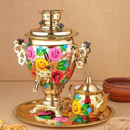Set "Flowers in Gold", Acramus, 3 objects, a samovar 3 l, a teapot 0.7 l, tray