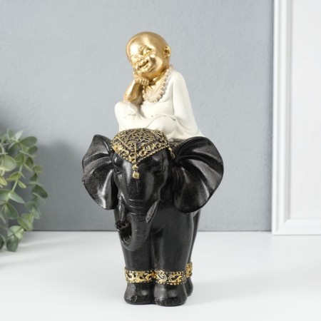 Polystone souvenir "Little cheerful Buddha on the Black Elephant" 14x14x26 cm-1