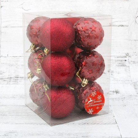Set of balls plastic D-6 cm, 12 pcs "Star" burgundy-1