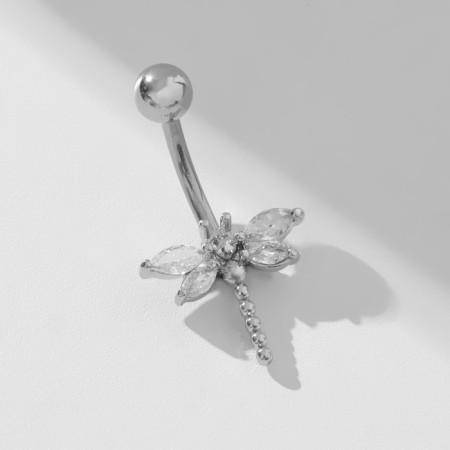 Piercing in the navel "Dragonfly", the bar l = 1 cm, the color is white in silver