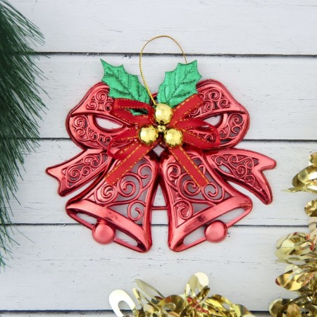 Jewelry decoration "double bell with balls and ribbon" 12.3x9.5 cm, red