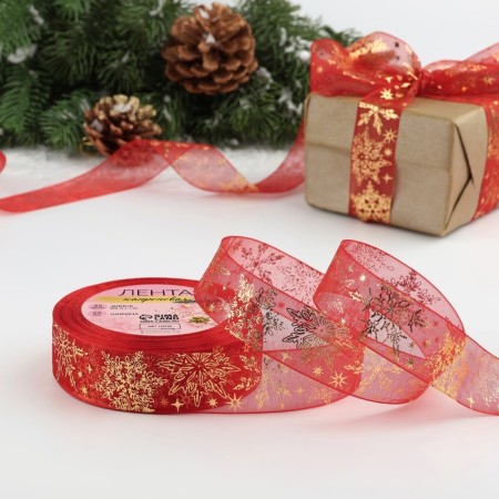 Kapron tape with embossing “Figure snowflakes”, 25 mm × 23 ± 1 m, red/gold color