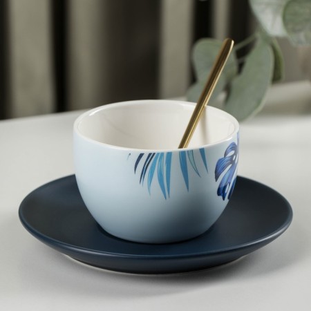 Tea couple ceramic with a spoon "Ariel", 2 items: a cup 250 ml, a saucer-1