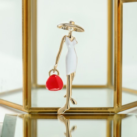 Brooch "Lady" with a handbag, the color is red-white in gold