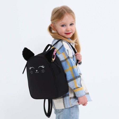 School textile backpack with ears on the hairpins "Cat", 27x23 cm, black color-19