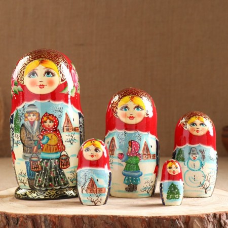 Matryoshka "couple", red scarf, 5 puppet, suite
