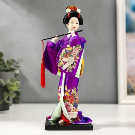 Collector doll "Japanese in a purple kimono with flute" 25x9.5x9.5 cm-5