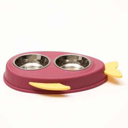 Metal dual bowl on a plastic base 2 x 160 ml, 35 x 23.5 x 5 cm, pink-1