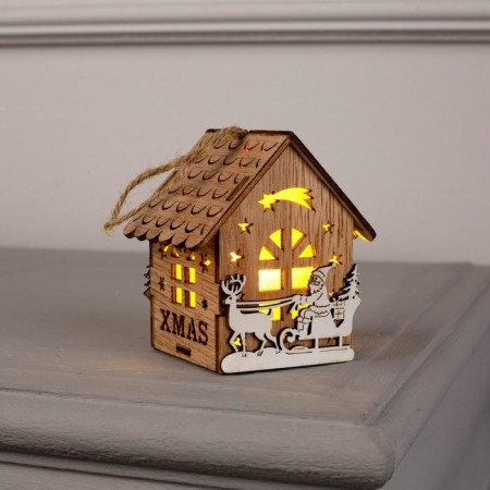 Christmas tree toy "House with Santa Claus on the sled", from batteries, glow warm white-2