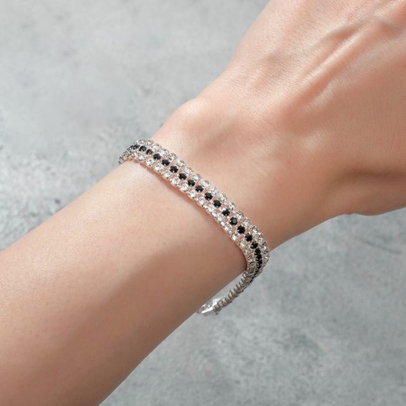 Bracelet with rhinestones "ice" elegance, lines, white-black color in silver, 18cm-5