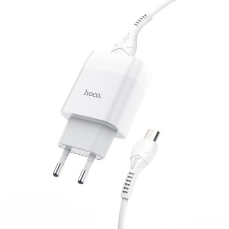 Network charger Hoco C72A, 1 USB, 2.1 A, Micro USB - USB, 1 m, white cable-1