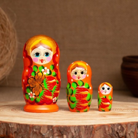 Matryoshka "Strawberry", orange dress, 3 puppet, 10-12 cm