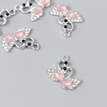 Decor for creativity metal, rhinestones "Two swan" silver, pink 1.5x1.8 cm