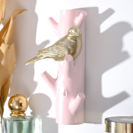 Decorative polystone hooks "Golden bird on the pink branch" 16x5.7x9.7 cm-1