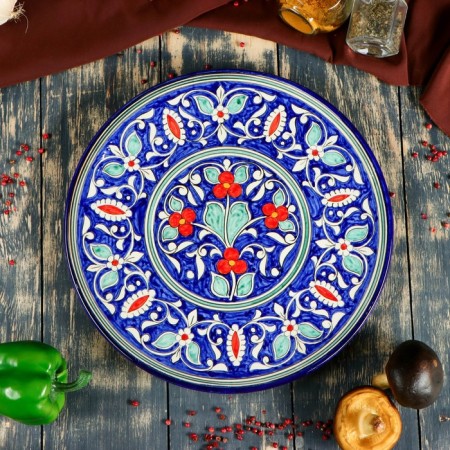 Tortovitsa Rishtan ceramics "Flowers", 31 cm, blue-1