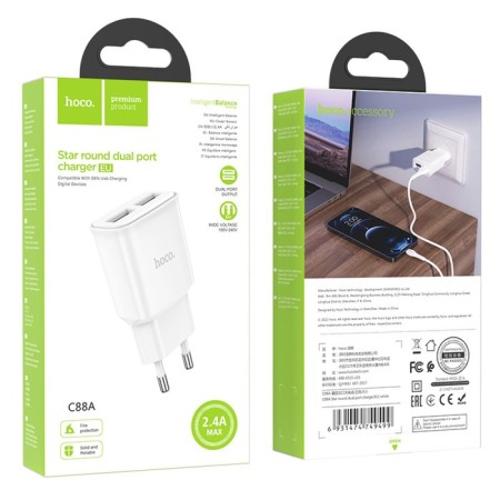 Network charger Hoco C88A, 2 USB, 2.4 A, white-3