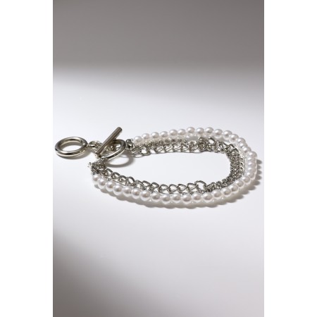 Bracelet Pearl "Chain" with toogle, ball No. 4, white color in silver, l = 16 cm-2