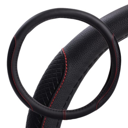 Braid on the steering wheel, eco -leather, with rhombus embossing, black, red firmware, 38 cm/m