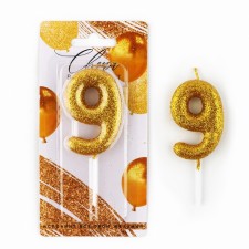 A candle for a cake, a number, brilliant “9”, gold, 4 x 10 cm.