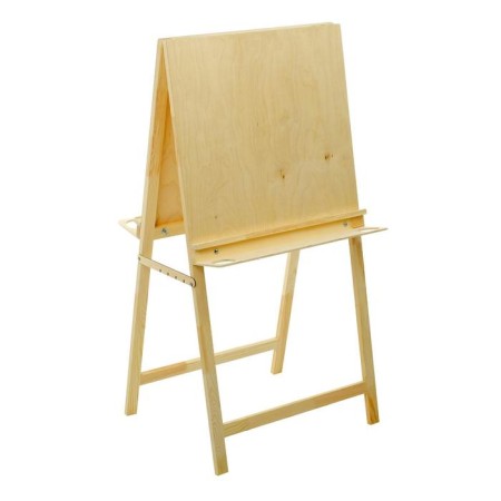 Molbert Type "Clap", bilateral, 120 x 60 x 65 cm, tablet 60 x 60 cm, shelf with two cup holders, unpainted wood, calligrata