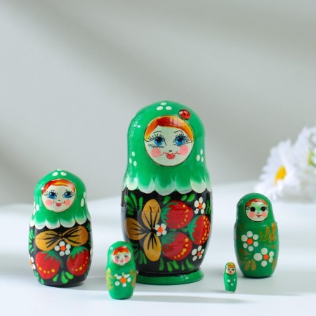 Matryoshka "God's cow", green dress, 5 puppet, 10-12 cm-14