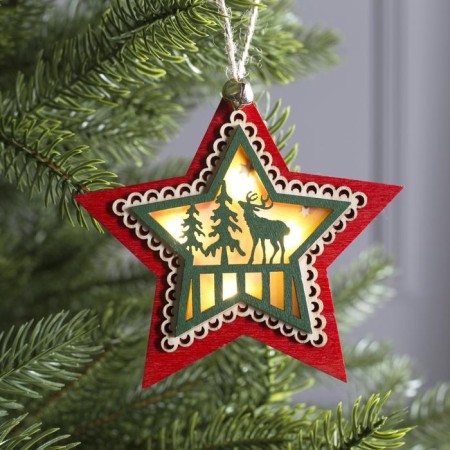 Christmas tree toy "Red Star with a deer", from batteries, a glow of warm white