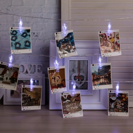 Garland “thread” 4.5 m with nozzles “clothespins”, IP20, transparent thread, 20 LED, white glow 220 V