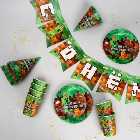 A set of paper dishes is disposable with birthday ”, pixels, 6 plates, 6 glasses, 6 caps-1