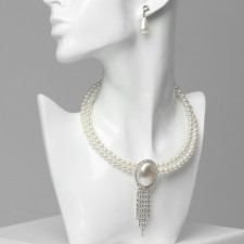 Set 2 objects: earrings, “lady” necklace 2 threads, shiny path, white color in silver, 45 cm